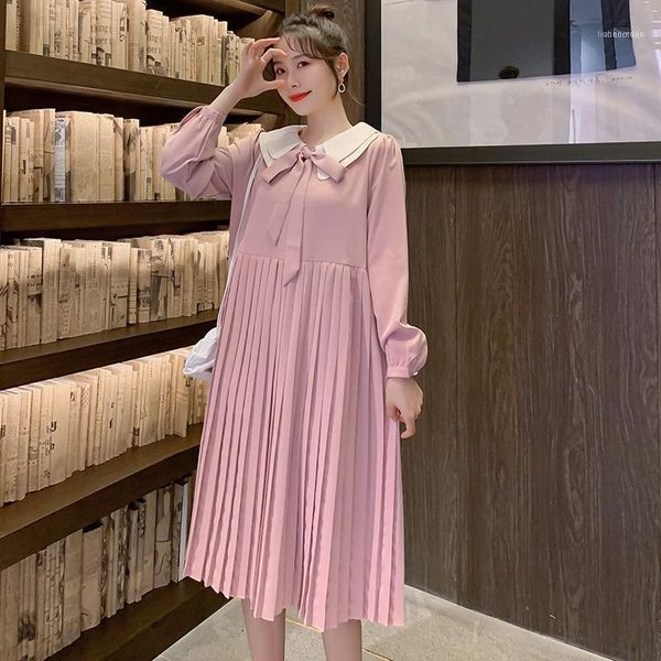 

spring pregnant women sweet dress with belt long sleeve turn-down collar maternity work formal office lady pleated1, White
