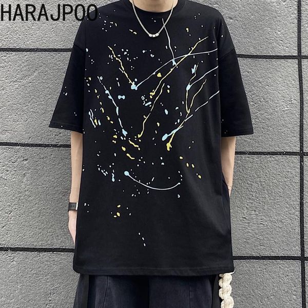 

harajpoo women t-shirts korean ins high street design sense graffiti ink dot print couple loose round neck short-sleeved women's t-shi, White