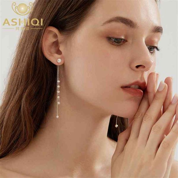 

ashiqi natural freshwater pearl 925 sterling silver hanging tassel long earrings for women fashion eh336 210625, Golden;silver