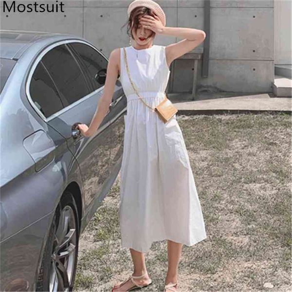 

summer solid elegant women long dress sleeveless o-neck high waist a-line midi dresses korean fashion ladies vestidos femme 210513, Black;gray