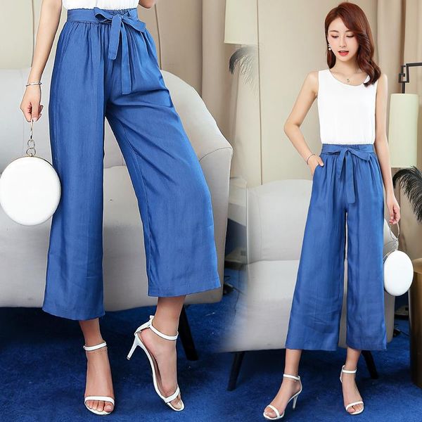 

women's pants & capris thin solid tencel wide leg for women high elastic waist ladies with sashes casual plus size female pockets trous, Black;white