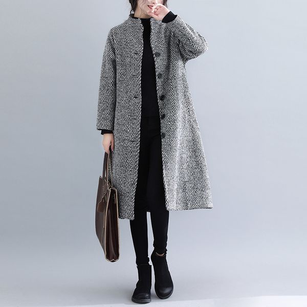 

genayooa plaid long sleeve vintage office winter coats and jackets warm woolen coat women 210417, Black