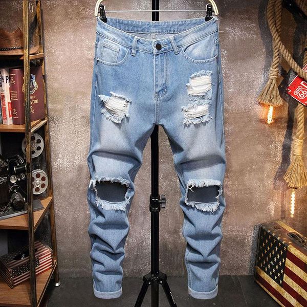 

men's jeans hip hop ripped men hole loose korean style pants harajuku homme streetwear straight denim trousers male, Blue