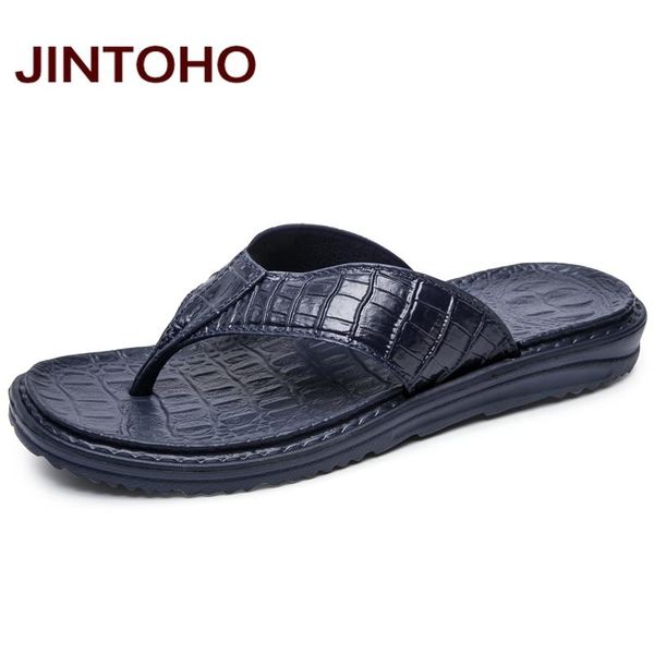 

slippers jintoho 2021 fashion men flip flops shoes leather male slipper designer slides summer beach, Black