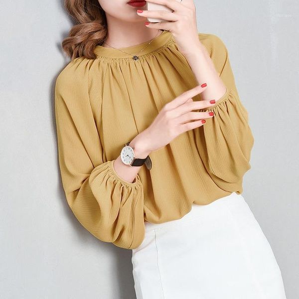 

women's blouses & shirts fashion female elegant office blouse women fall yellow shirt casual long-sleeve chiffon autumn lantern sleeve, White