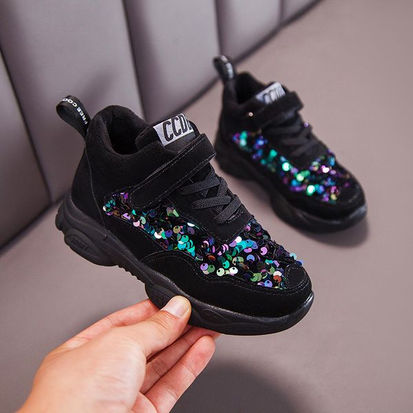 

girls sports shoes 2021 winter childrens sequins casual shoes soft bottom big children students plus velvet running shoes, Black;red