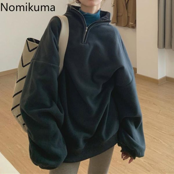 

nomikuma stand collar hoodies women solid color korean harajuku long sleeve autumn outerwear arrival basic sweatshirt 3d827 women's & s, Black