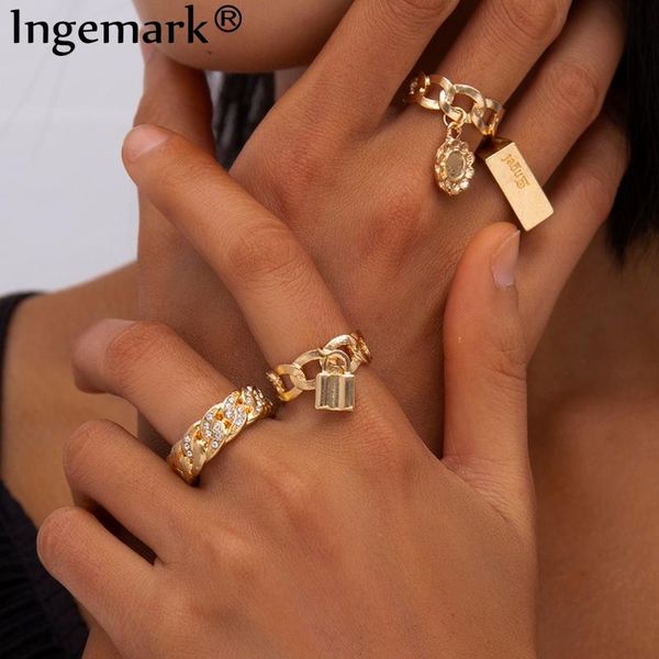 

cluster rings boho full crystal summer wedding women punk vintage 2021 circle love lock flower pendant fashion ring bijoux jewelry gift, Golden;silver