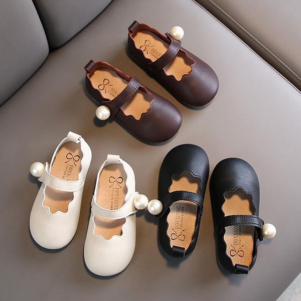 

flat shoes children princess baby girls non slip leather sandals fashion pearl soft student party dance, Black;grey