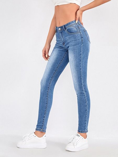 

mid wash skinny jeans 05v9#, Blue