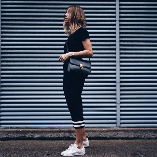 

casual solid color t-shirt dress clothes summer womens midi fashion striped panelled pencil dresses, Black;gray