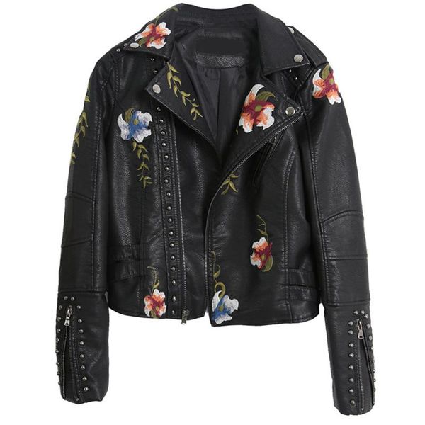 

embroidered rivet leather female spring short slim self-cultivation motorcycle jackets wild thin embroidery womens coats women's, Black;brown