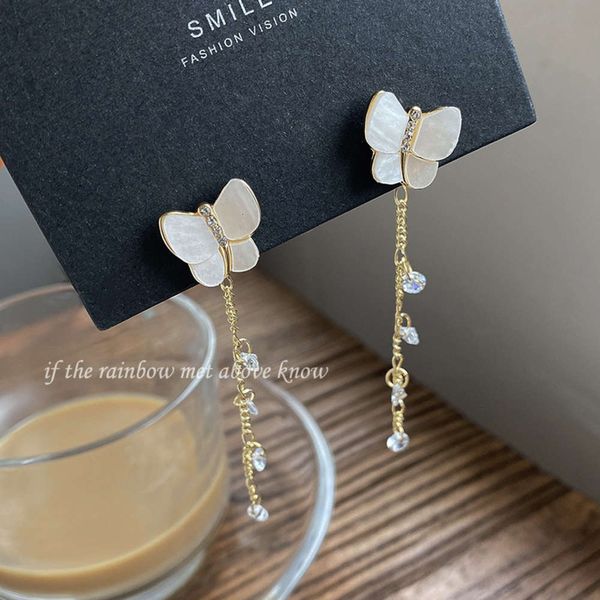 

ins creative cat's eye butterfly women's long tassel zircon earrings, Black