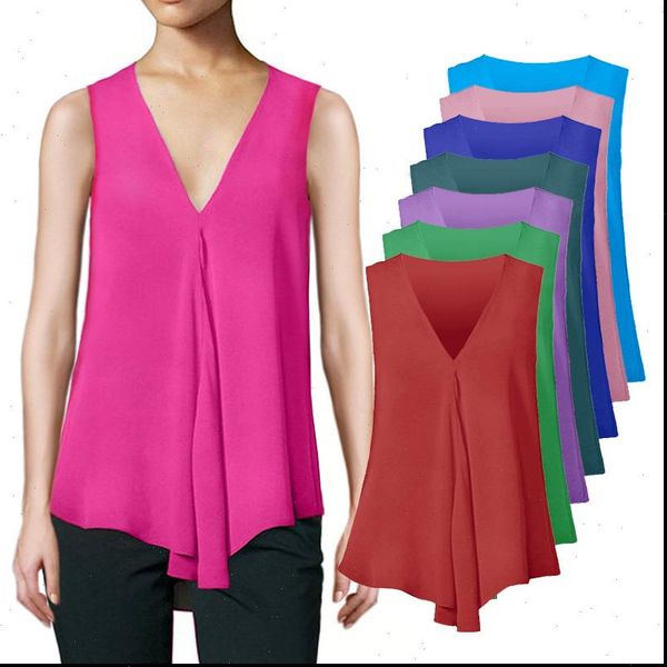 

women summer sleeveless chiffon blouses womens shirts fashion casual loose v neck solid color ladies clothing plus size shirt, White