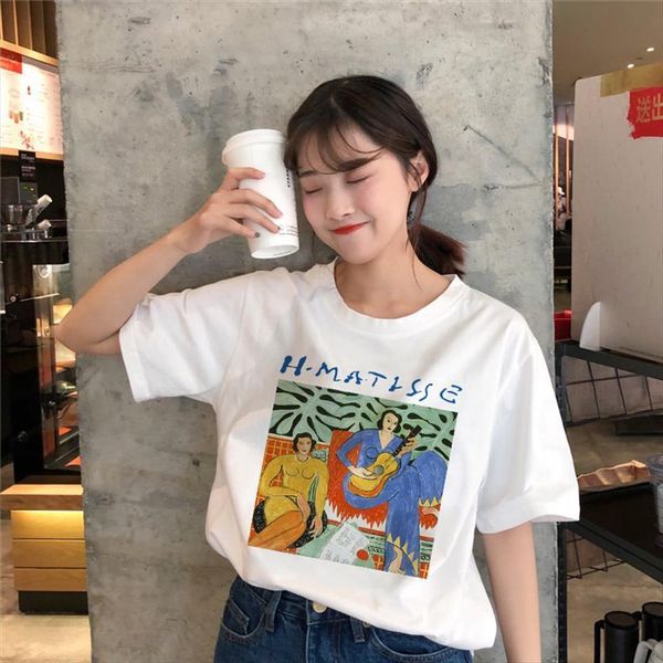 

summer korean harajuku vintage aesthetics womens t shirts print o neck short sleeve cartoon shirt fashion casual fun loose, White