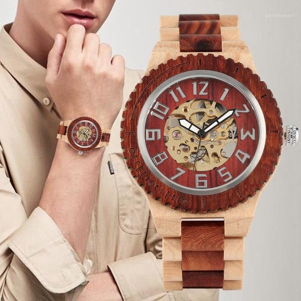 

wristwatches mens wood watches luxury automatic mechanical watch for men wooden band simple round dial hours relogio masculino, Slivery;brown