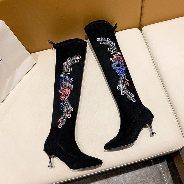 

boots embroidery women stiletto over the knee 2021 winter thick cotton skiing socks elastic fabric women's, Black