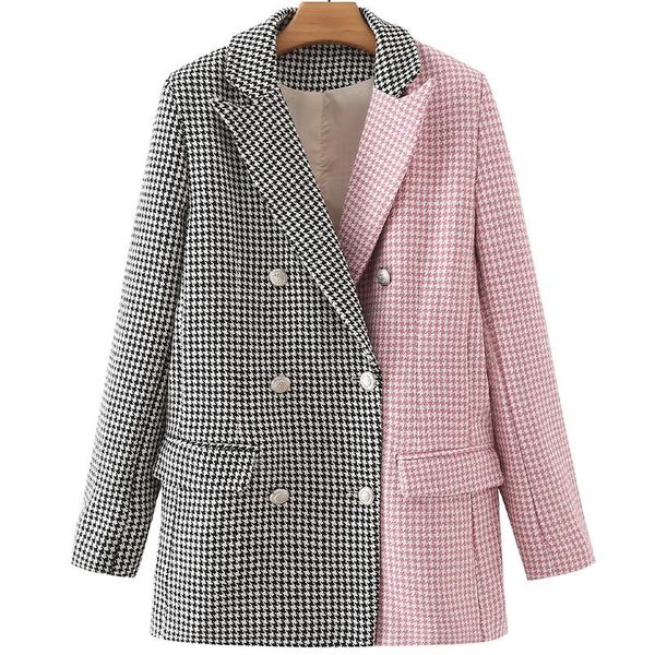 

women's suits & blazers adherebling 2021 autumn black pink houndstooth patchwork metal double breasted women casual long sleeve female, White;black