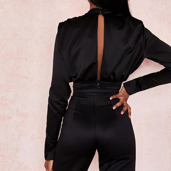 Jumpsuits das Mulheres Macacões Sexy Silk Cetim Oco Out Bodysuit Mulheres Primavera Turtleneck Manga Comprida Macacão Feminino Macacões Casuais Bodycon