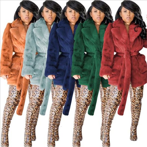 

women's & 20fw faux fur luxury solid color long sleeve lapel neck fuzzy coat with sashes outerwear fashion women clothing, Black