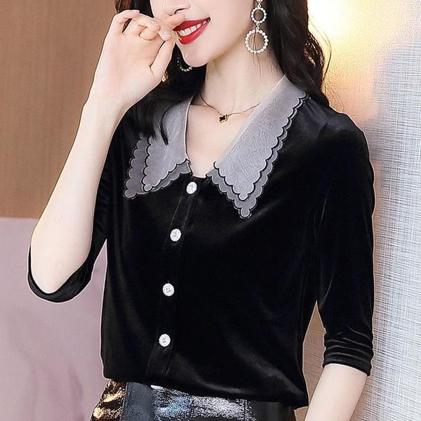 

women's blouses & shirts women chic 2021 retro lace turn-down collar velvet gentle french long sleeves elegance blouse female, White
