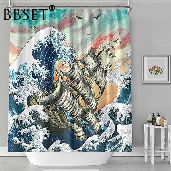 

marine shower curtain sailboat sailing in huge waves pattern waterproof multi-size douchegordijn bathroom decor with hooks curtains
