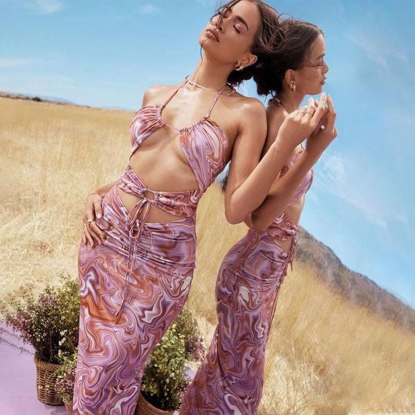 

casual dresses halter summer women 2021 tie dye print vintage slim lady backless robe boycon party dress nightclub clothes, Black;gray