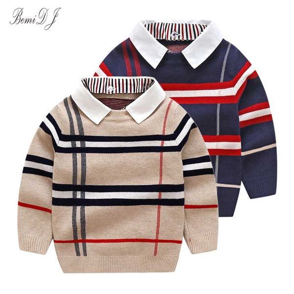

boys winter sweater kids cotton plaid 2-8 years childrens clothing brand turn-down collar pullover knitted girl baby 211227, Blue
