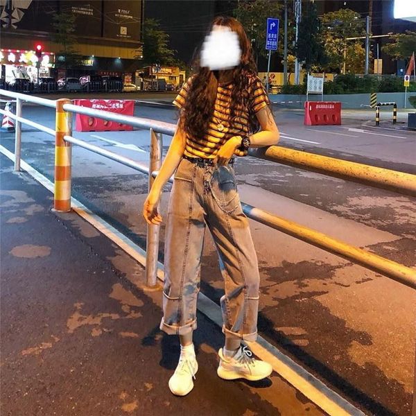 

women's jeans korean version was thin and high nine points summer loose stitching fake pockets wild straight pants female, Blue