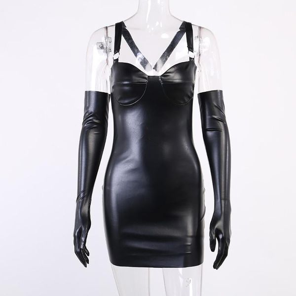 

casual dresses ladies fashion punk pu leather sleeveless bodycon camisole dress with long gloves for rock concert clubwear music festiv, Black;gray