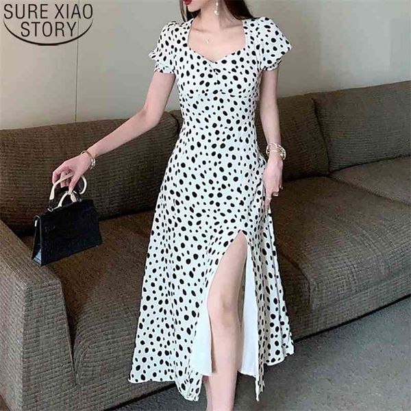 

elegant summer dresses high waist short sleeve french polka dot women chiffon white vintage midi long 13424 210506, Black;gray