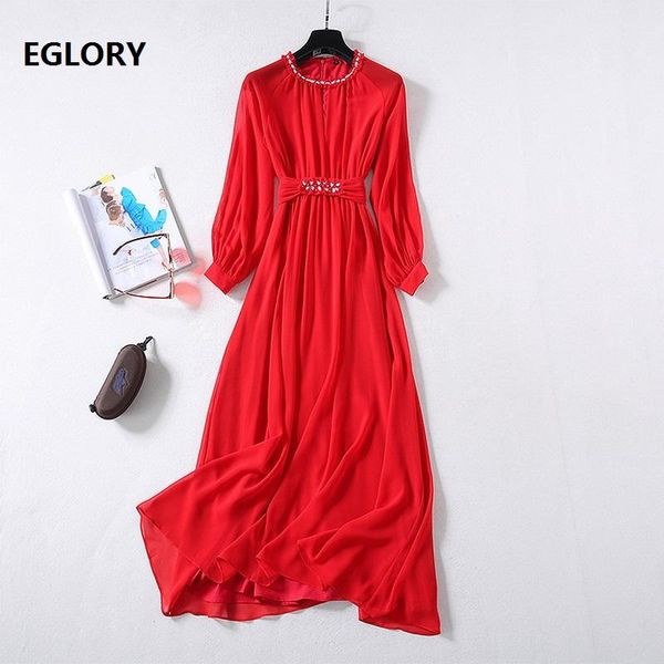 

casual dresses 2021 autumn fashion long red dress women crystal beading deco bow belt patchwork sleeve chiffon maxi, Black;gray
