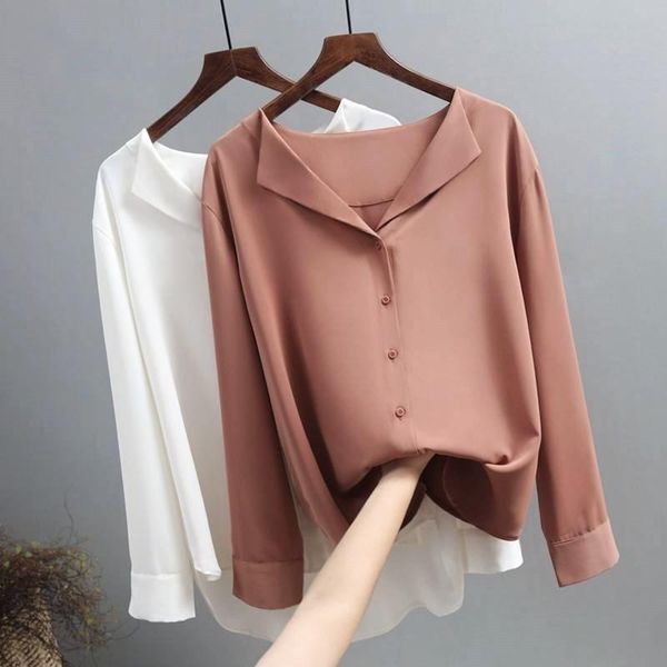 

women's blouses & shirts elegant office lady v-neck casual solid long sleeve chiffon women spring summer button blouse loose outwear, White