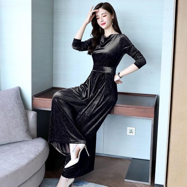 

women's jumpsuits & rompers velvet jumpsuit women autumn fashion solid office ol womens sleeve high waist wide leg pants female long, Black;white