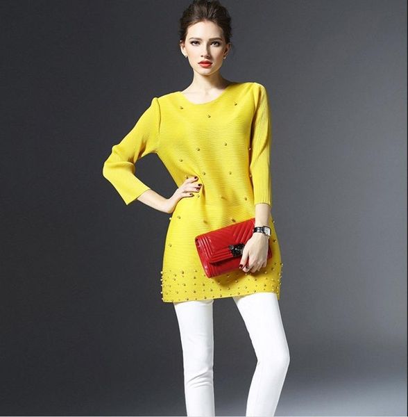 

women's t-shirt spring women clothes long t shirt simple please pleated midi sleeve loose solid color shirts beading casual workwear, White