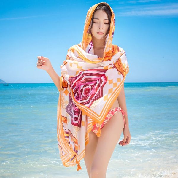 

women summer sunshade silk beach sarongs scarf multi-function plus size shawl swimsuit cover up vacation, Blue;gray
