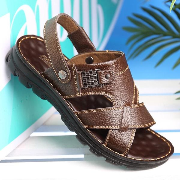 

sandals men summer genuine leather roman casual shoes beach flip flops fashion outdoor slippers sneakers, Black