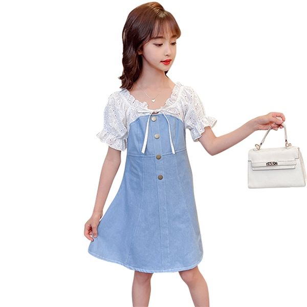 

dress girl patchwork kids denim es for girls summer party child casual clothing 6 8 10 12 14 210528, Red;yellow
