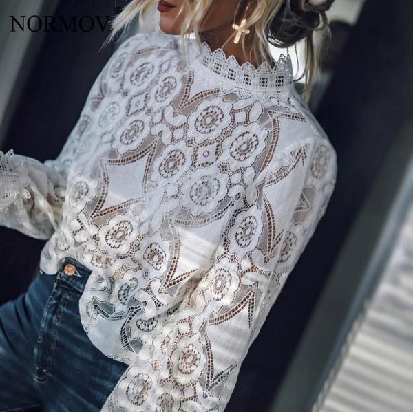 

women's white lace blouse women elegant long sleeve office lady shirts hollow blusas spring 2021 blouses &