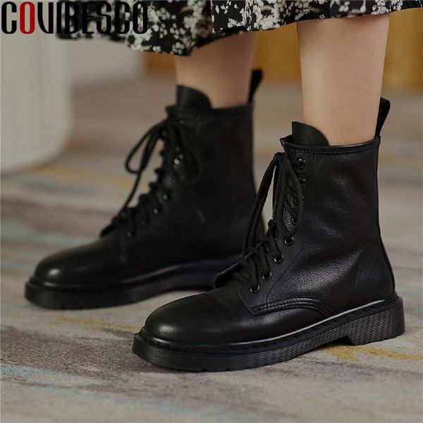 

boots covibesco 2021 genuine leather women warm concise cross tied round toe chunky heels pumps winter party casual shoes woman, Black