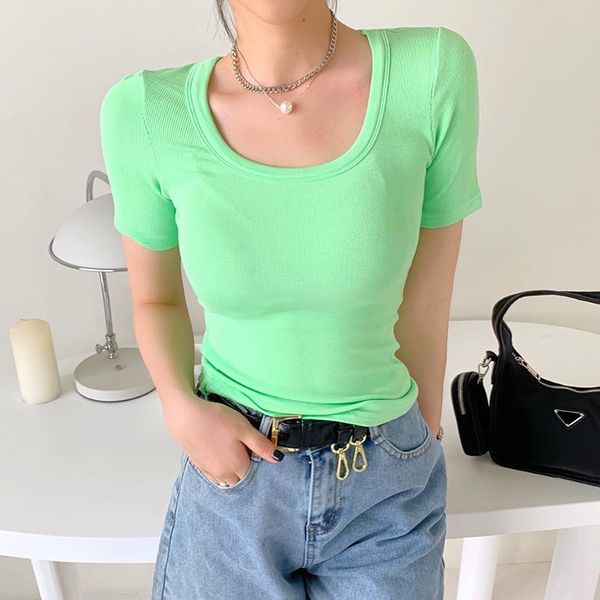 

women's t-shirt 2021 all-match pure color half sleeve u collar slimming top, White