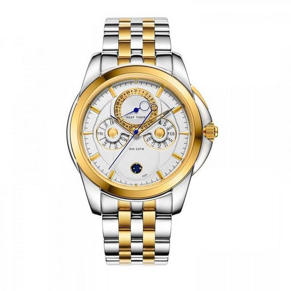 

wristwatches reef tiger mens luxury watches fashion male quartz wristwatch waterproof steel strap sapphire month week date day-night rga830, Slivery;brown