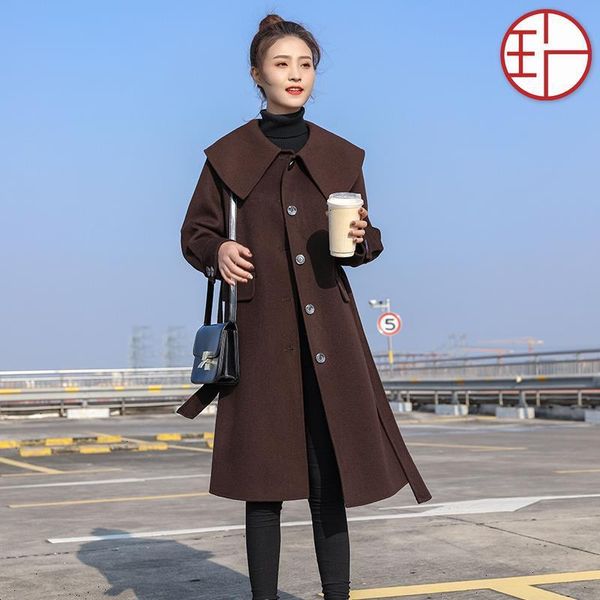 

women's wool & blends high end double-sided cashmere overcoat mid long 2021 winter korean fashion temperament loose tweed jacket, Black