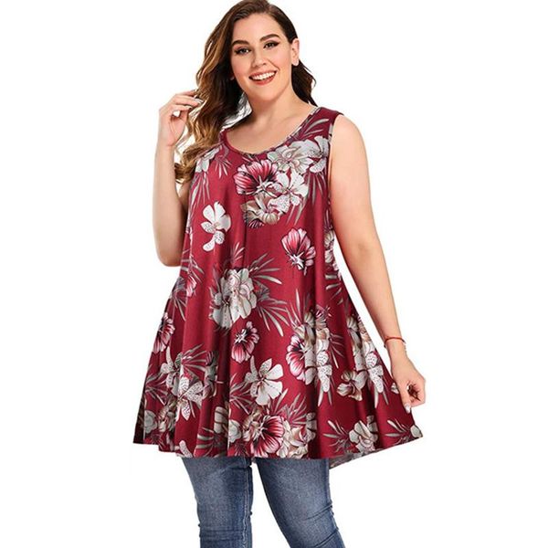 

plus size t-shirt 4xl 5xl long blouse women 2021 summer o neck sleeveless floral print casual big ladies tunic, Black