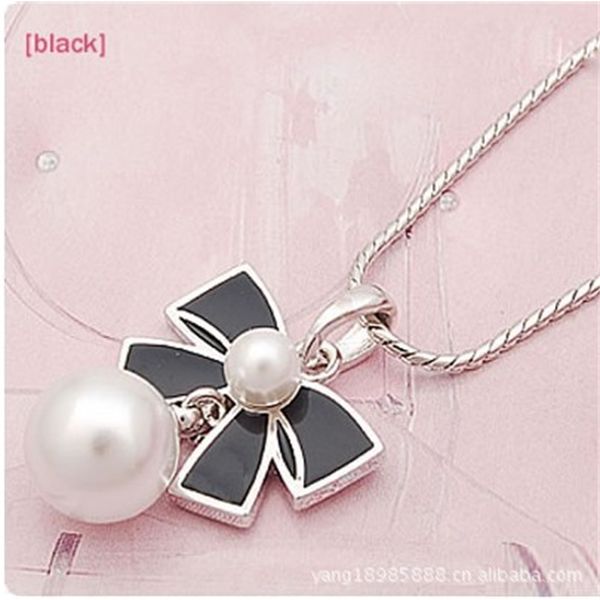 

korean star's pearl bow necklaces, Black