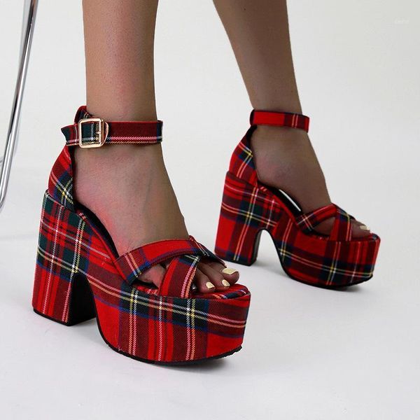 

dress shoes sandals for girls2021 summer red grid cloth thick heels women ankle strap platform open toe high heel ladies, Black