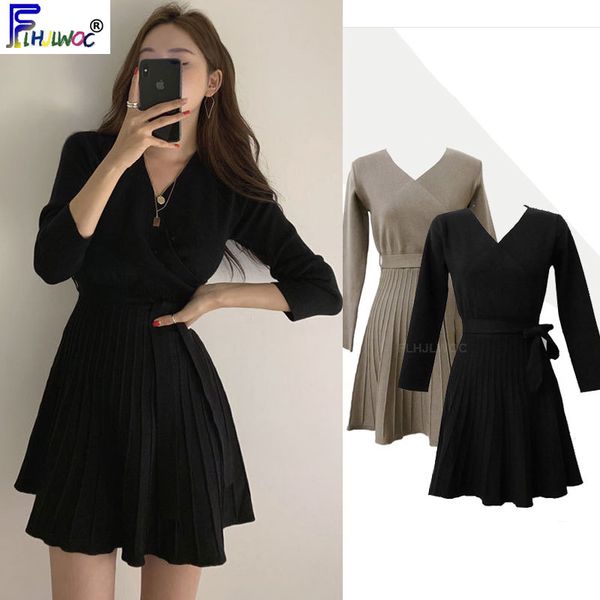 

winter knitted dresses women long sleeve korea style design bow tie a line v neck cute mini little black dress 12112 x0521, Black;gray