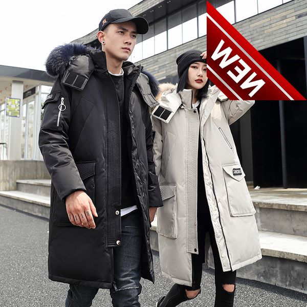 

fashion winter men long white duck down jacket keep warm thicken coat mens hooded fur collar windbreaker parka unisex, Black