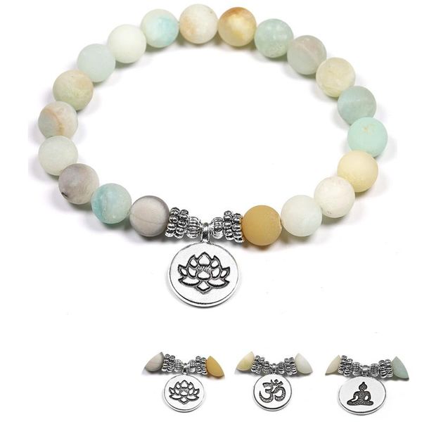 

beaded, strands natural stone yoga bracelets 8mm matte amazonite beads bracelet with lotus om buddha charm meditation healing, Black