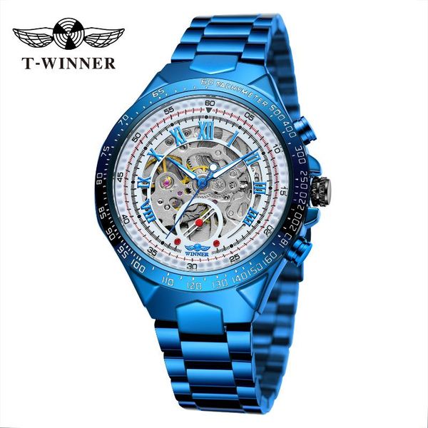 

wristwatches winner mechanical watch men's leisure hollow automatic wristwatch movement blue steel band, Slivery;brown
